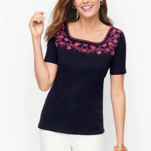 Talbots Cotton Slub Embroidered Tee Navy Blue Pink Square Neckline small